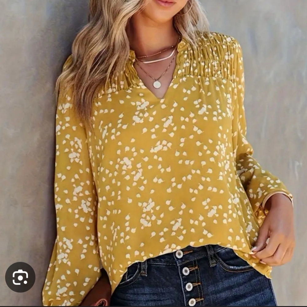 Smocked Yoke V-Neck Long Sleeve Blouse - Mustard